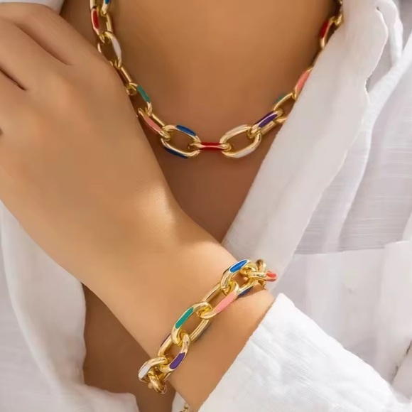 Anthropologie Jewelry - Colorful Gold Chain Necklace and Bracelet Set